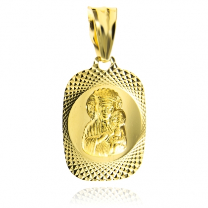 Złoty medalik prostokątny diamentowany z Matką Boską Częstochowską próby 585